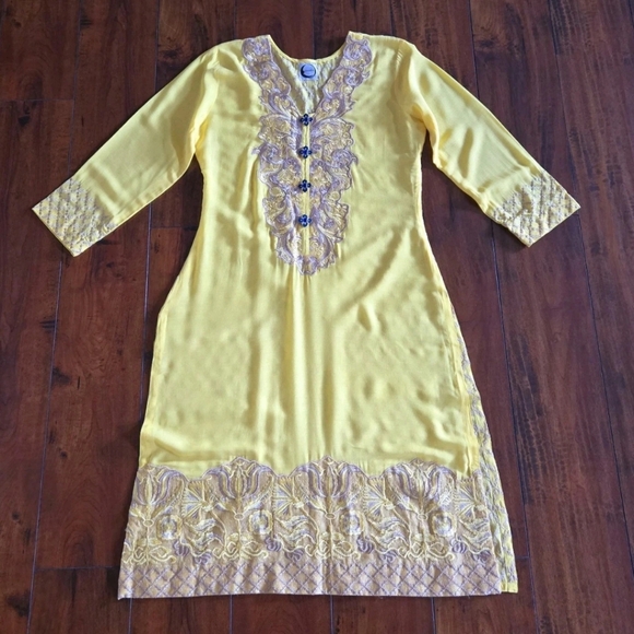 Other - Embroidered Yellow Top Shirt Long Kurti Viscose Lace Floral Buttons Size S/M